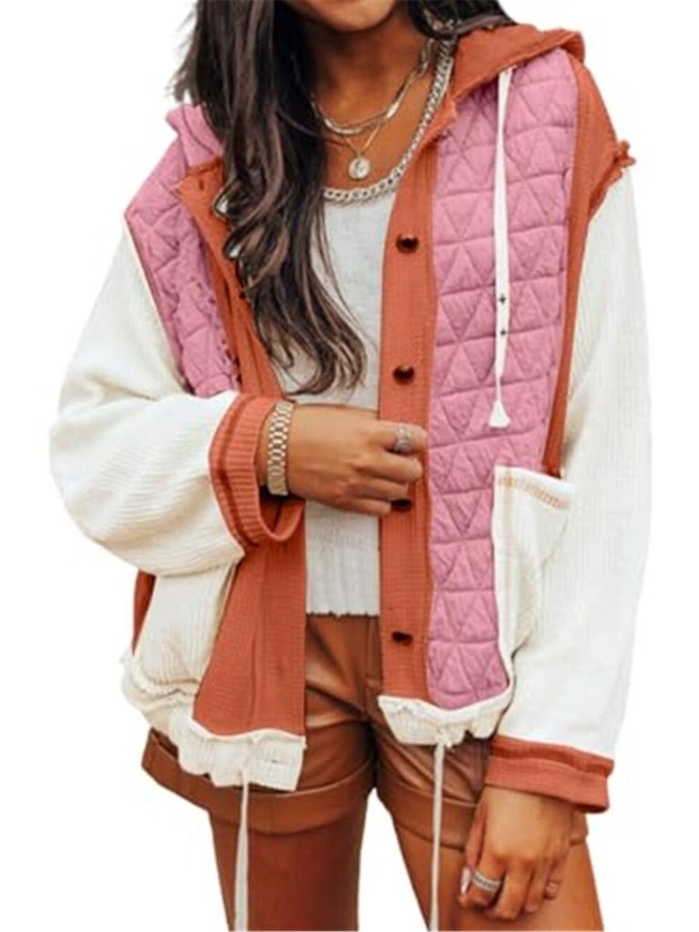 Pink Orange Cream Quilted Patchwork Hooded Shacket Western Colorblock Jacket